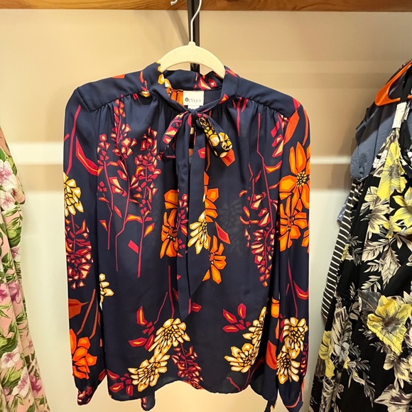 STYLUS Navy Floral Tie-Neck Blouse with Orange & Cream Accents - Picture 2 of 7